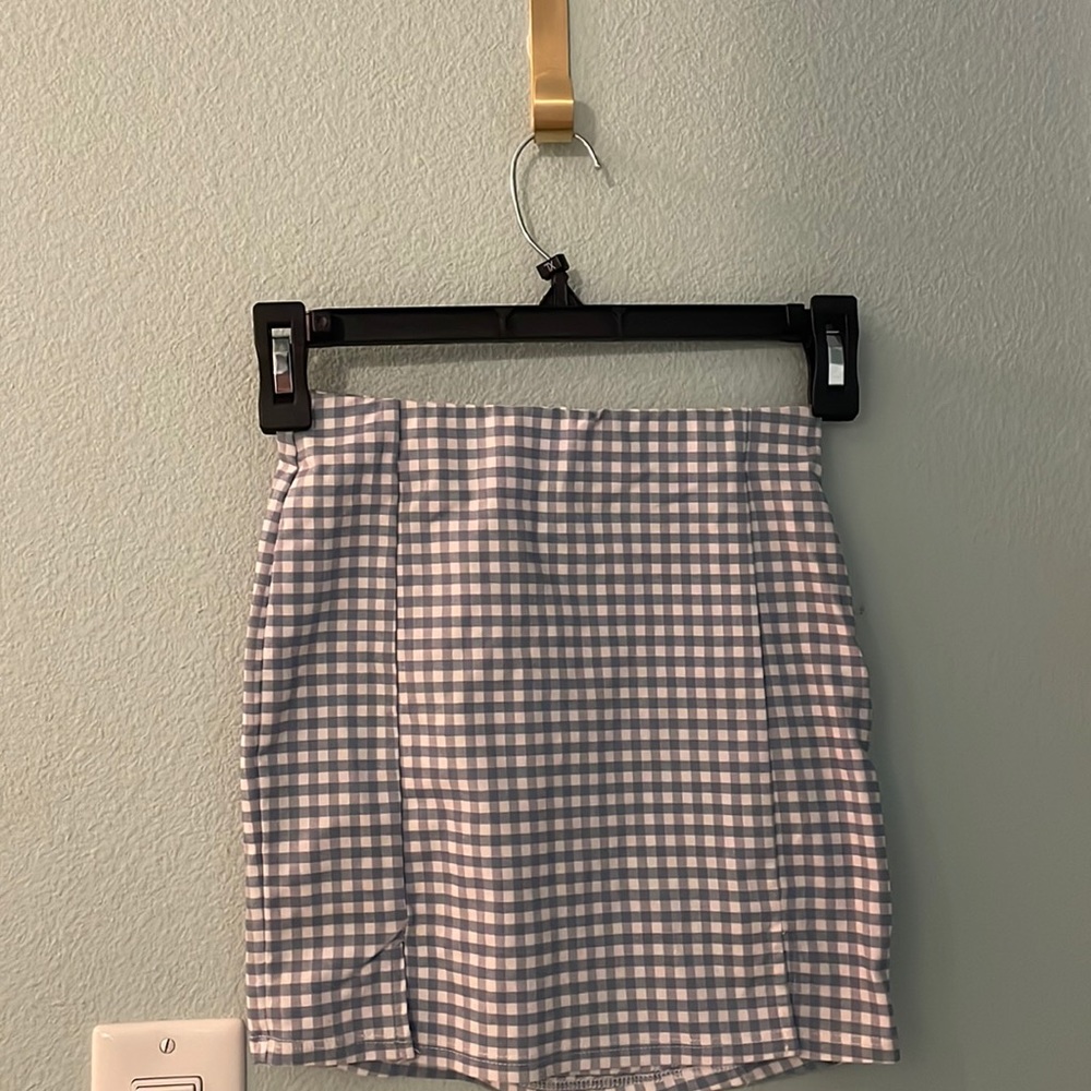 blue and white checkered mini skirt